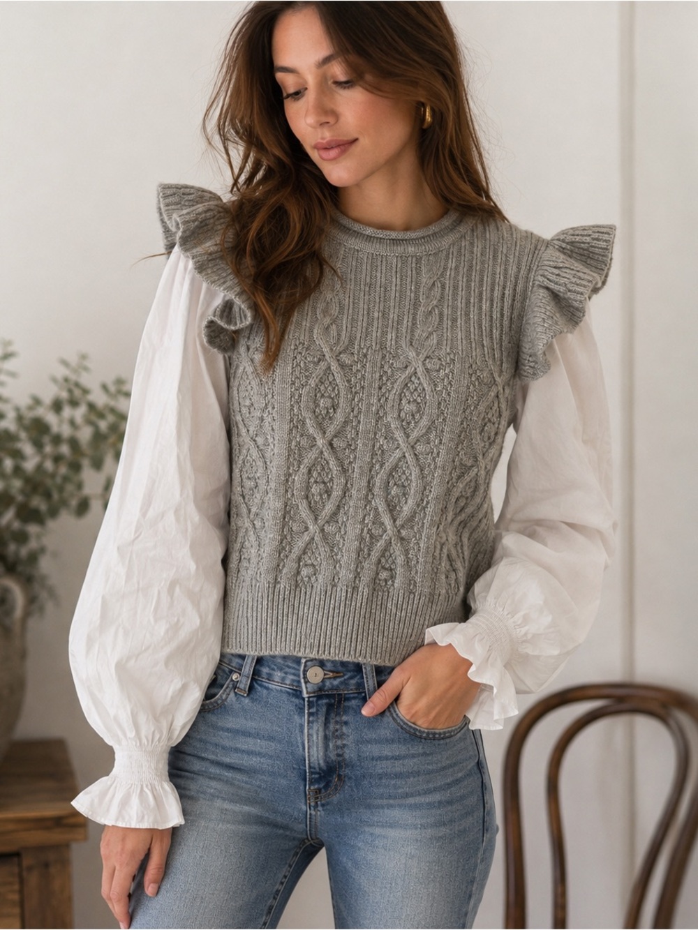 Design History Cable Knit Sweater Blouse Gray White Puff Sleeve Ruffle Cottage M